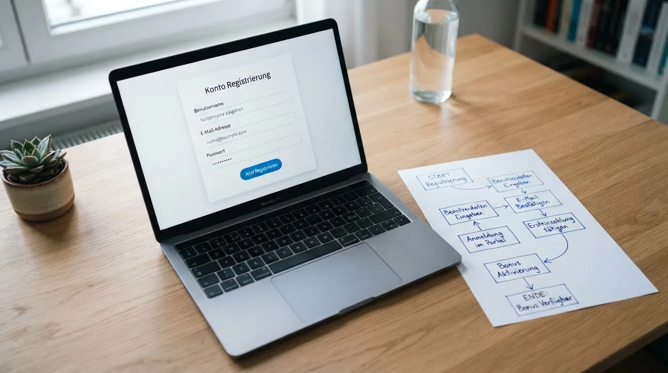 Nahaufnahme eines Laptop-Bildschirms mit einem Formular zur Kontoeroeffnung, daneben ein Blatt Papier mit einer handgezeichneten Ablaufskizze.