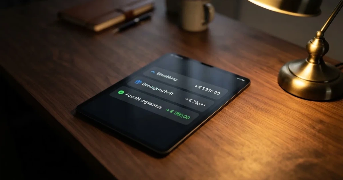Nahaufnahme eines Tablet-Bildschirms mit einer Transaktionsliste, in der Einzahlung, Bonusgutschrift und Auszahlungsstatus untereinander aufgefuehrt sind.