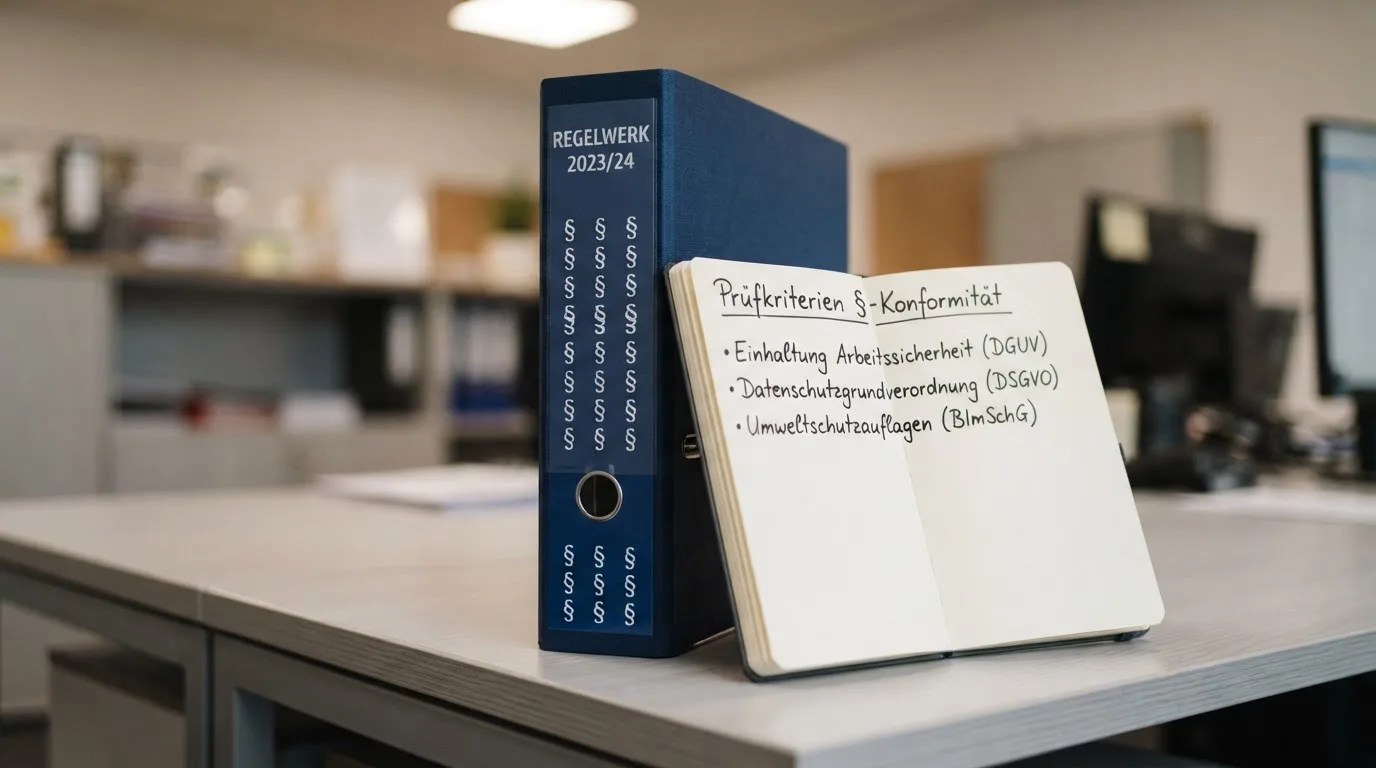 Nahaufnahme eines Aktenordners mit Paragraphenzeichen auf dem Ruecken, daneben ein aufgeklapptes Notebook mit einer Uebersichtsliste lizenzierter Anbieter.