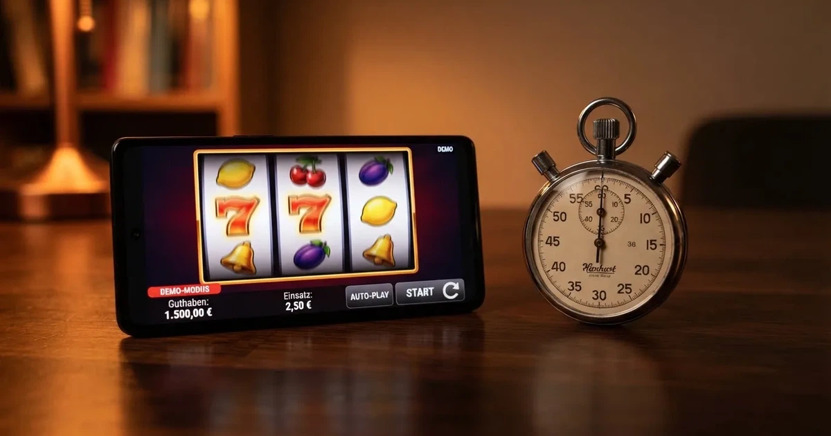 Draufsicht auf ein Smartphone mit einem digitalen Walzenspiel im Demomodus, daneben eine Stoppuhr, die den Abstand zwischen zwei Spins anzeigt.