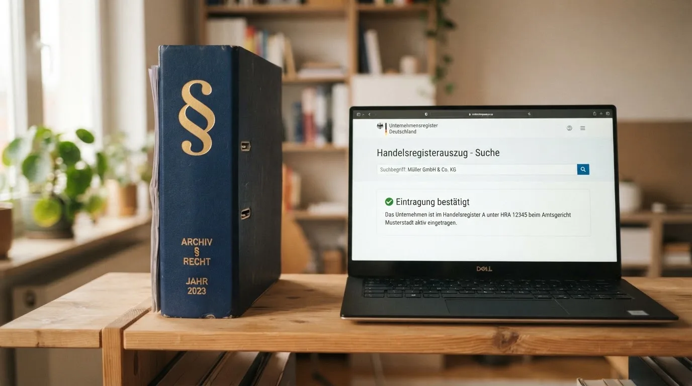 Nahaufnahme eines Aktenordners mit Paragraphenzeichen auf dem Ruecken, daneben ein aufgeklapptes Notebook mit einer Uebersichtsliste lizenzierter Anbieter.