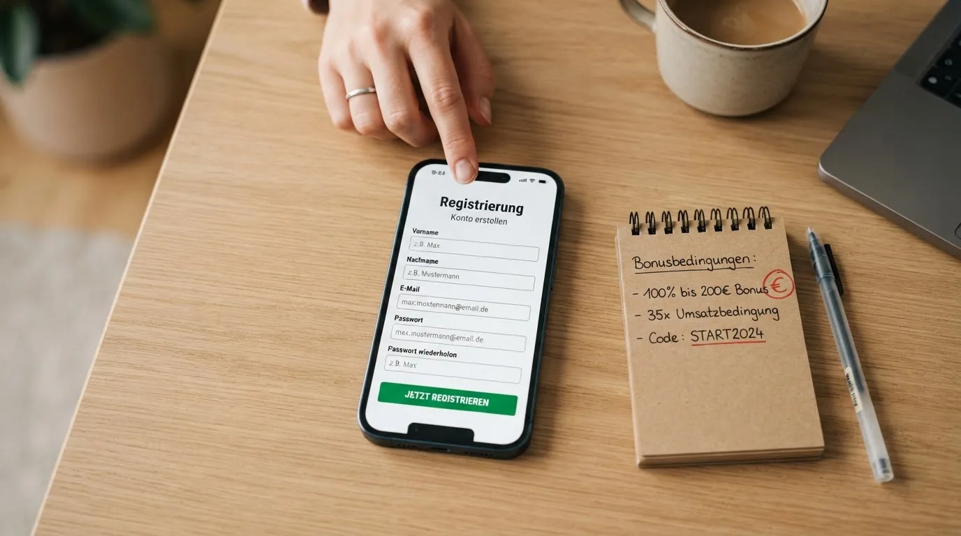 Draufsicht auf ein Smartphone mit einer geoeffneten Registrierungsmaske fuer ein Spielerkonto, daneben ein Notizblock mit handschriftlichen Bonusbedingungen.