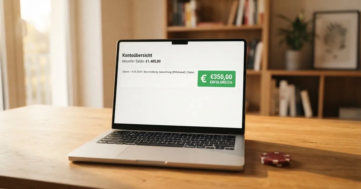 Nahaufnahme eines Laptop-Bildschirms mit einer Kontouebersicht, auf der ein Guthabenbetrag in Euro und ein Auszahlungsstatus zu sehen sind.