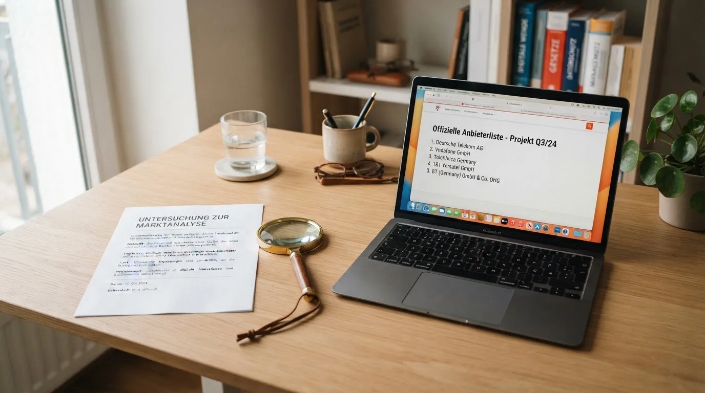 Schreibtisch mit einem ausgedruckten Gesetzestext, einer Lupe und einem Laptop, auf dessen Bildschirm eine Behoerdenwebsite mit einer Liste erlaubter Anbieter zu sehen ist.