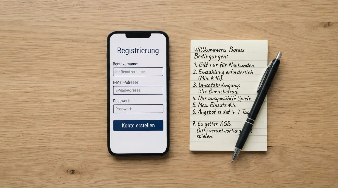 Draufsicht auf ein Smartphone mit einer geoeffneten Registrierungsmaske fuer ein Spielerkonto, daneben ein Notizblock mit handschriftlichen Bonusbedingungen.