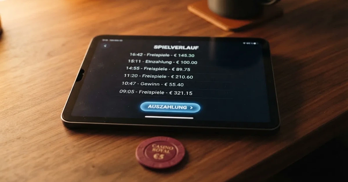 Nahaufnahme eines Tablet-Bildschirms mit einer Spielhistorie, in der einzelne Freispiel-Gewinne und ein Auszahlungsbutton aufgelistet sind.