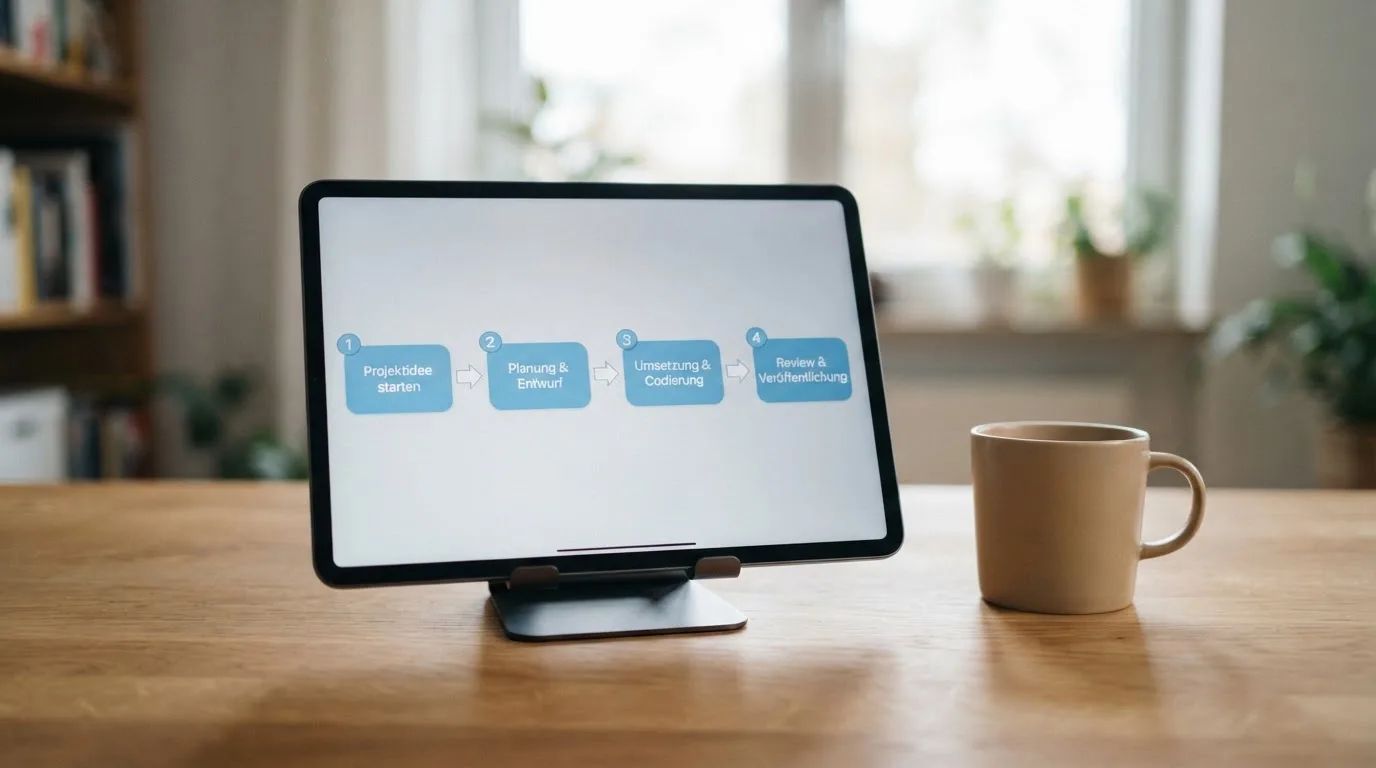 Schreibtisch mit einem Tablet, auf dem ein Schema mit nummerierten Schritten eines Anmeldevorgangs zu sehen ist, daneben ein Kaffeebecher.