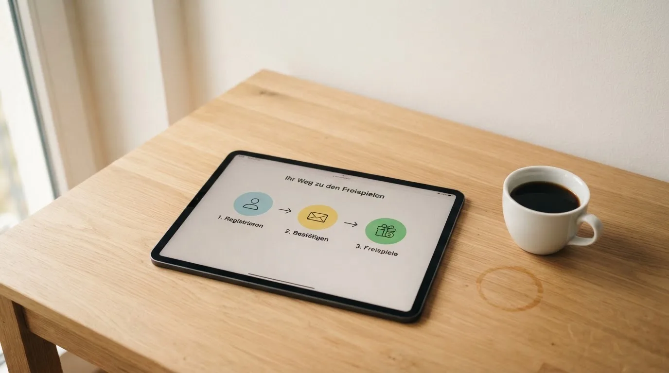 Schreibtisch mit einem Tablet, auf dem ein Schema mit nummerierten Schritten eines Anmeldevorgangs zu sehen ist, daneben ein Kaffeebecher.