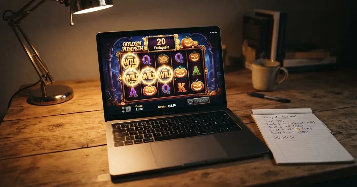 Nahaufnahme eines Laptop-Bildschirms mit einer Statistik ueber genutzte und verbleibende Freispiele, daneben ein Notizblock mit Zahlen.
