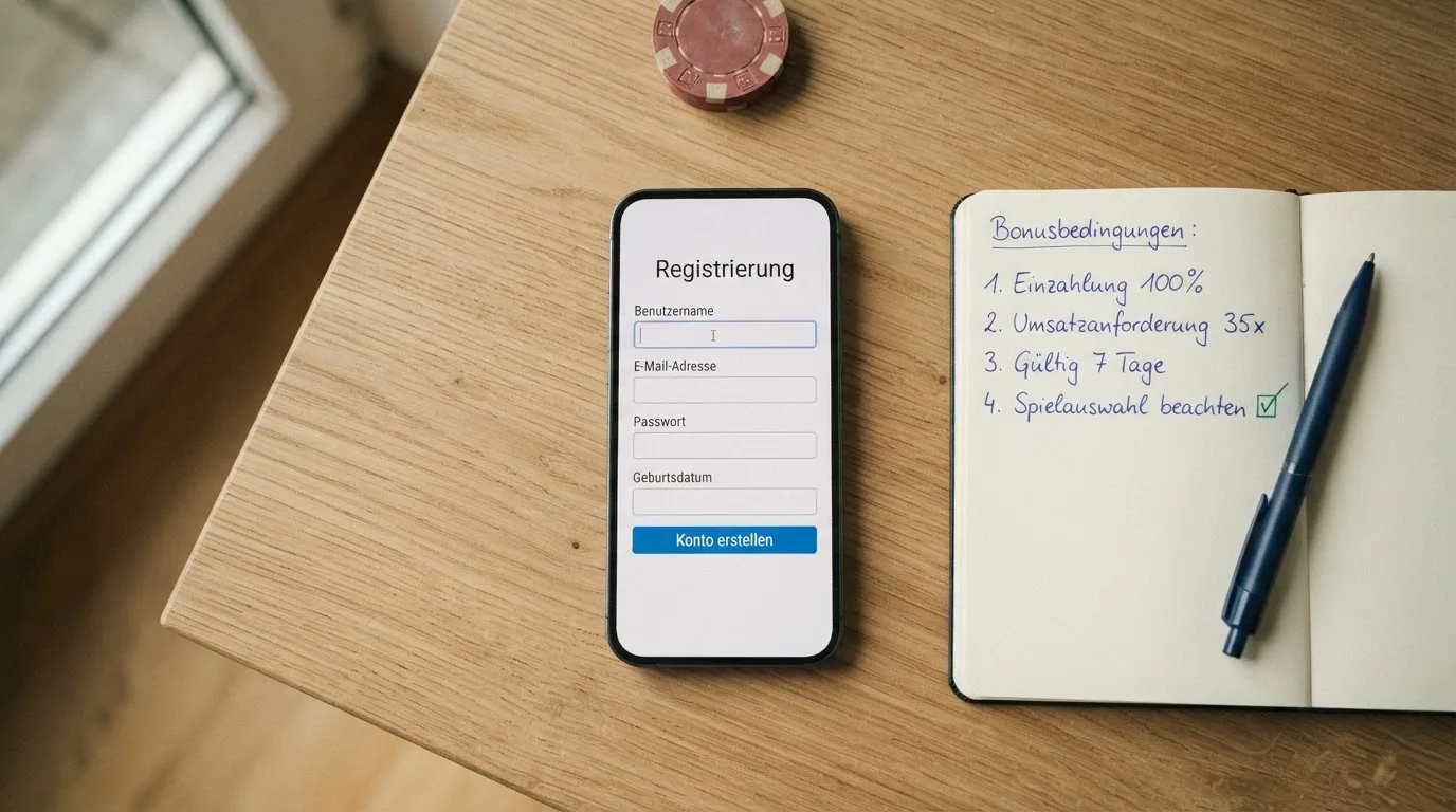 Draufsicht auf ein Smartphone mit einer geoeffneten Registrierungsmaske fuer ein Spielerkonto, daneben ein Notizblock mit handschriftlichen Bonusbedingungen.