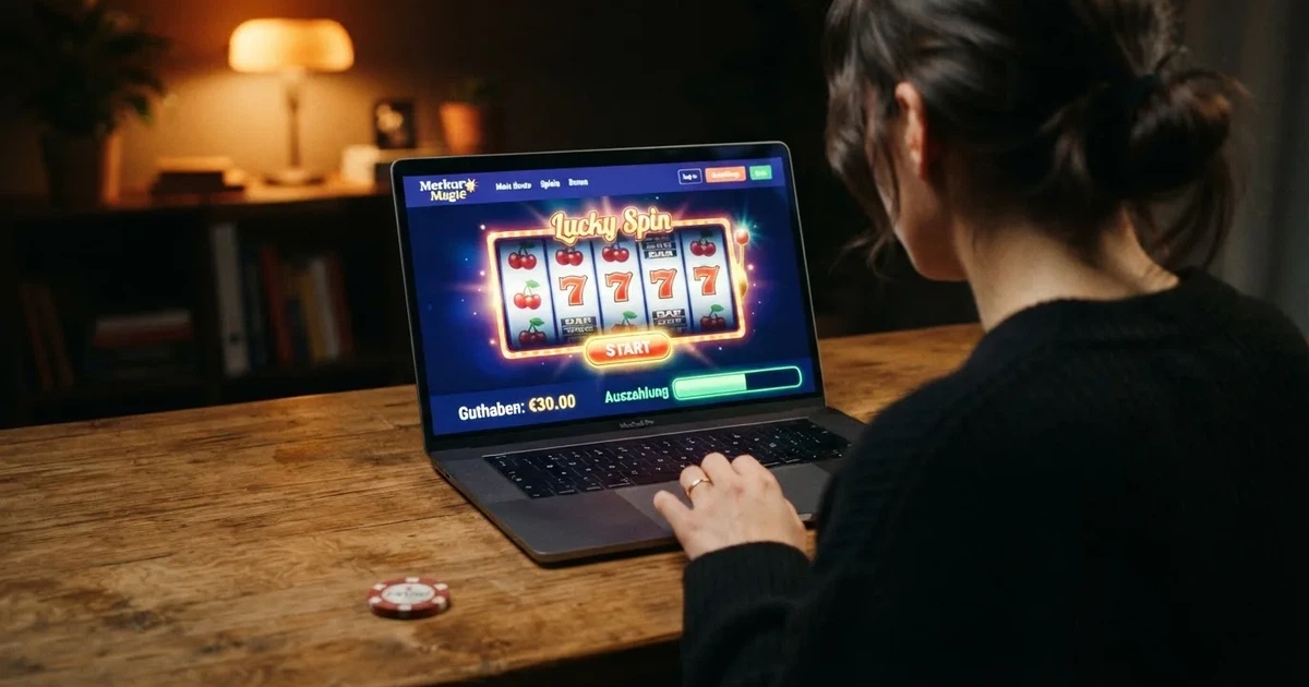 Nahaufnahme eines Laptop-Bildschirms mit einer Kontouebersicht, auf der ein Guthabenbetrag in Euro und ein Auszahlungsstatus zu sehen sind.