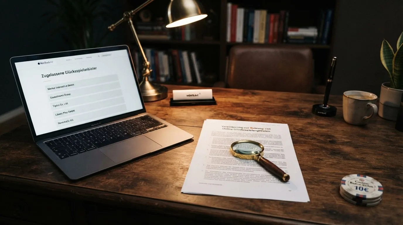 Schreibtisch mit einem ausgedruckten Gesetzestext, einer Lupe und einem Laptop, auf dessen Bildschirm eine Behoerdenwebsite mit einer Liste erlaubter Anbieter zu sehen ist.