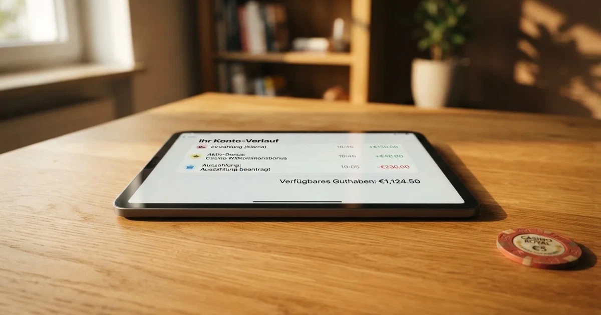 Nahaufnahme eines Tablet-Bildschirms mit einer Transaktionsliste, in der Einzahlung, Bonusgutschrift und Auszahlungsstatus untereinander aufgefuehrt sind.