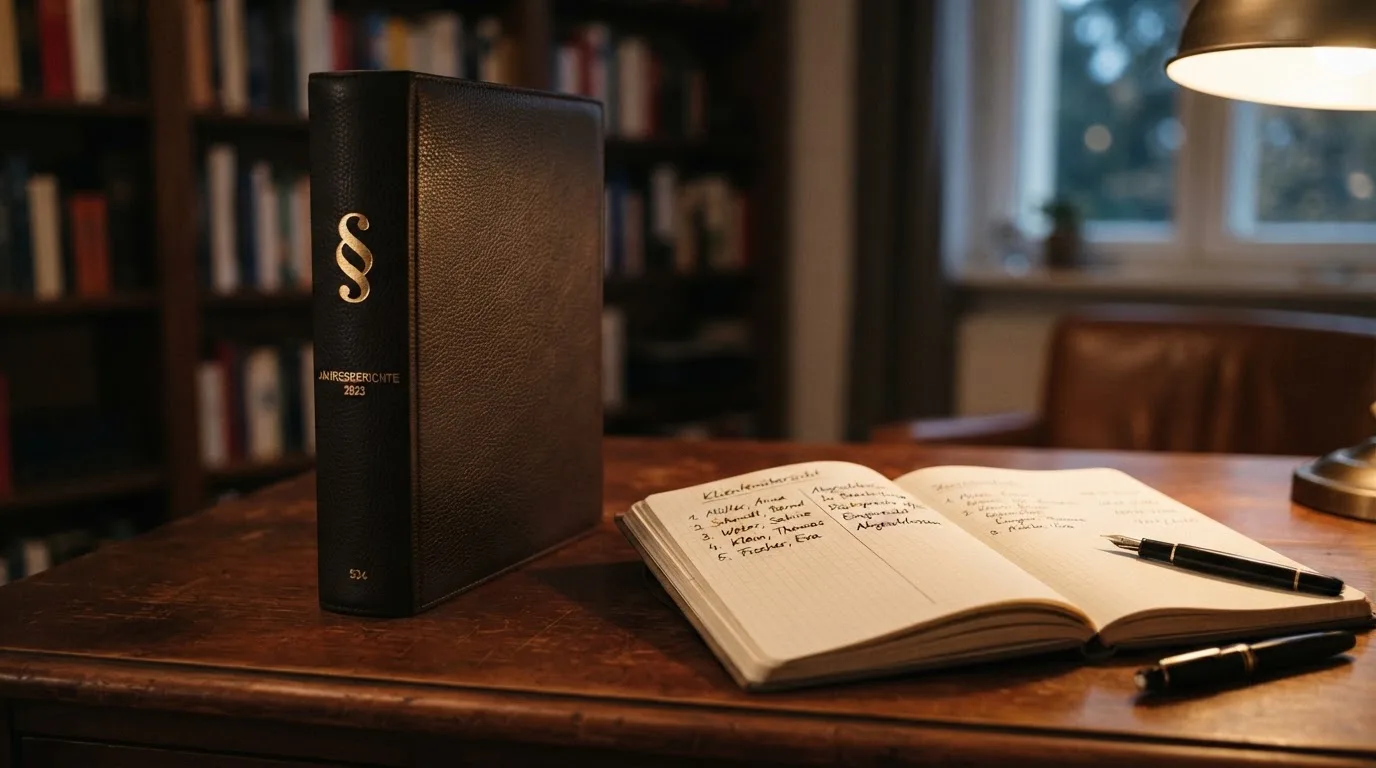 Nahaufnahme eines Aktenordners mit Paragraphenzeichen auf dem Ruecken, daneben ein aufgeklapptes Notebook mit einer Uebersichtsliste lizenzierter Anbieter.