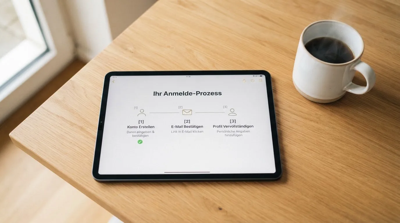 Schreibtisch mit einem Tablet, auf dem ein Schema mit nummerierten Schritten eines Anmeldevorgangs zu sehen ist, daneben ein Kaffeebecher.