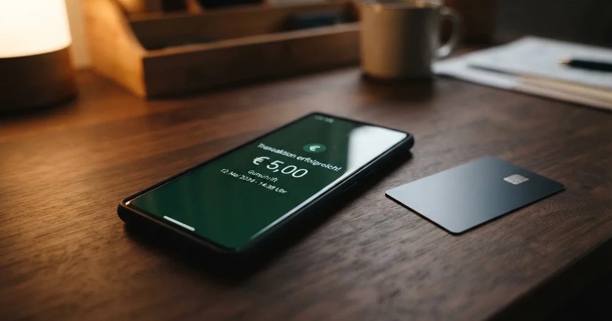Schreibtisch mit einem Smartphone, auf dessen Bildschirm eine Kontobewegung mit Datum und Betrag in Euro angezeigt wird, daneben eine Bankkarte.