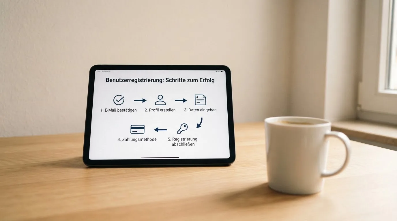 Schreibtisch mit einem Tablet, auf dem ein Schema mit nummerierten Schritten eines Anmeldevorgangs zu sehen ist, daneben ein Kaffeebecher.