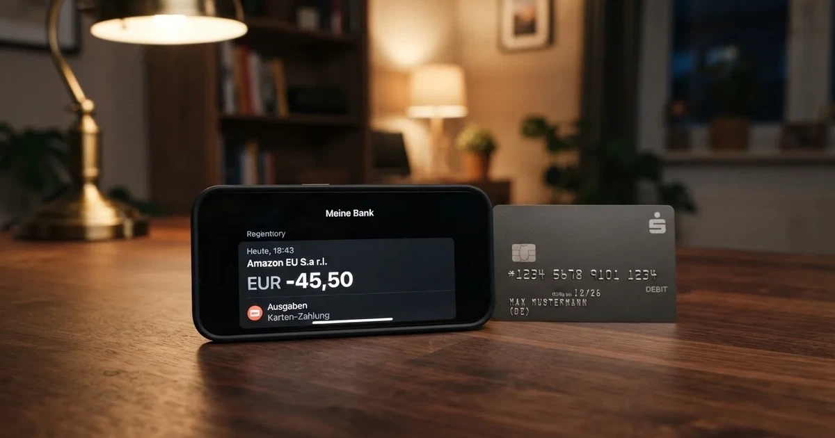 Schreibtisch mit einem Smartphone, auf dessen Bildschirm eine Kontobewegung mit Datum und Betrag in Euro angezeigt wird, daneben eine Bankkarte.