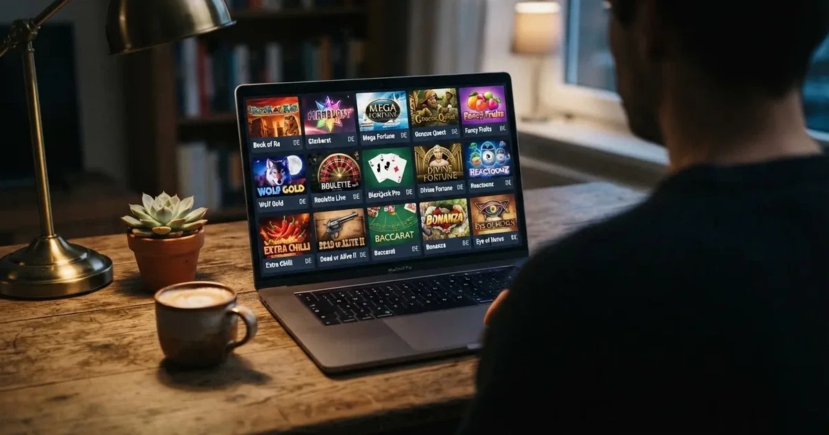 Bildschirm mit einer Rasteransicht mehrerer Automatenspiel-Kacheln in einem Online-Casino.