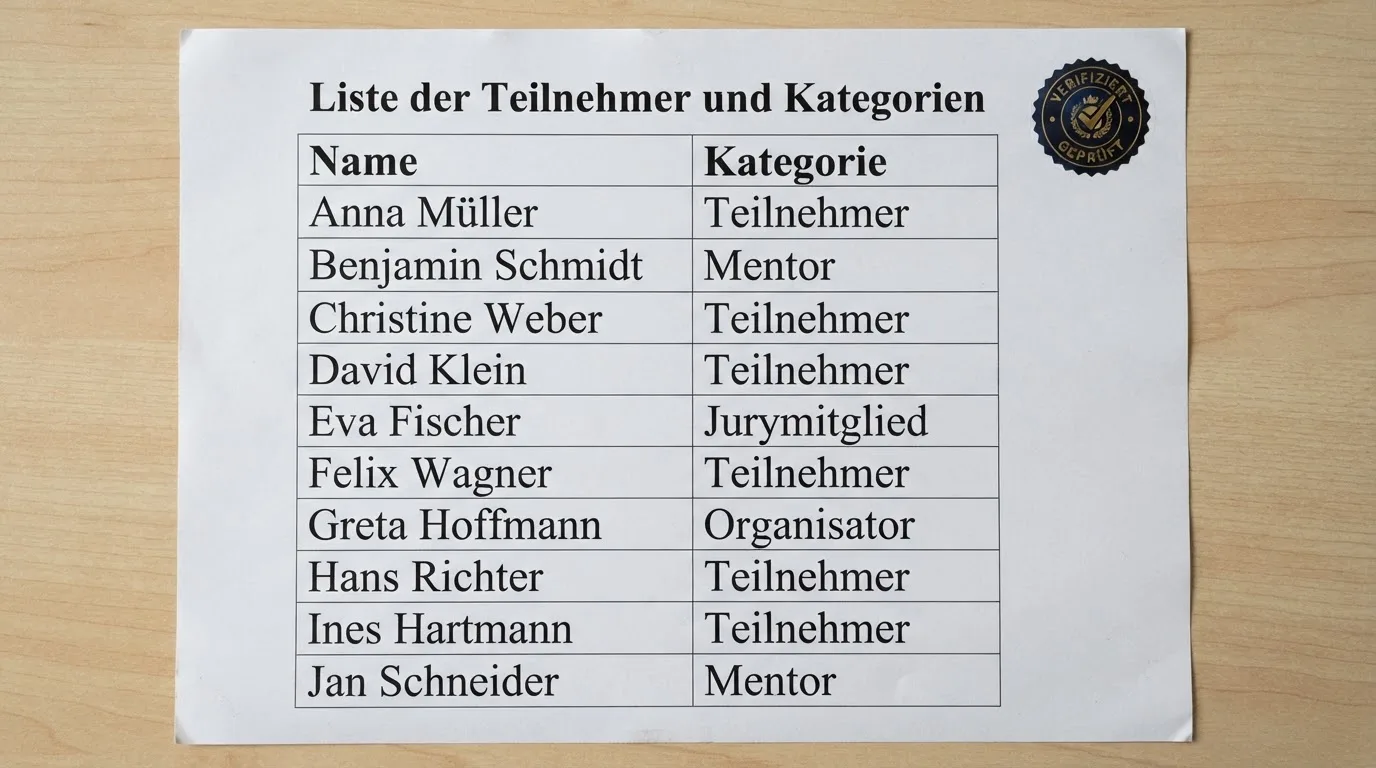Nahaufnahme einer gedruckten Liste zugelassener Anbieter neben einem amtlichen Prüfsiegel.