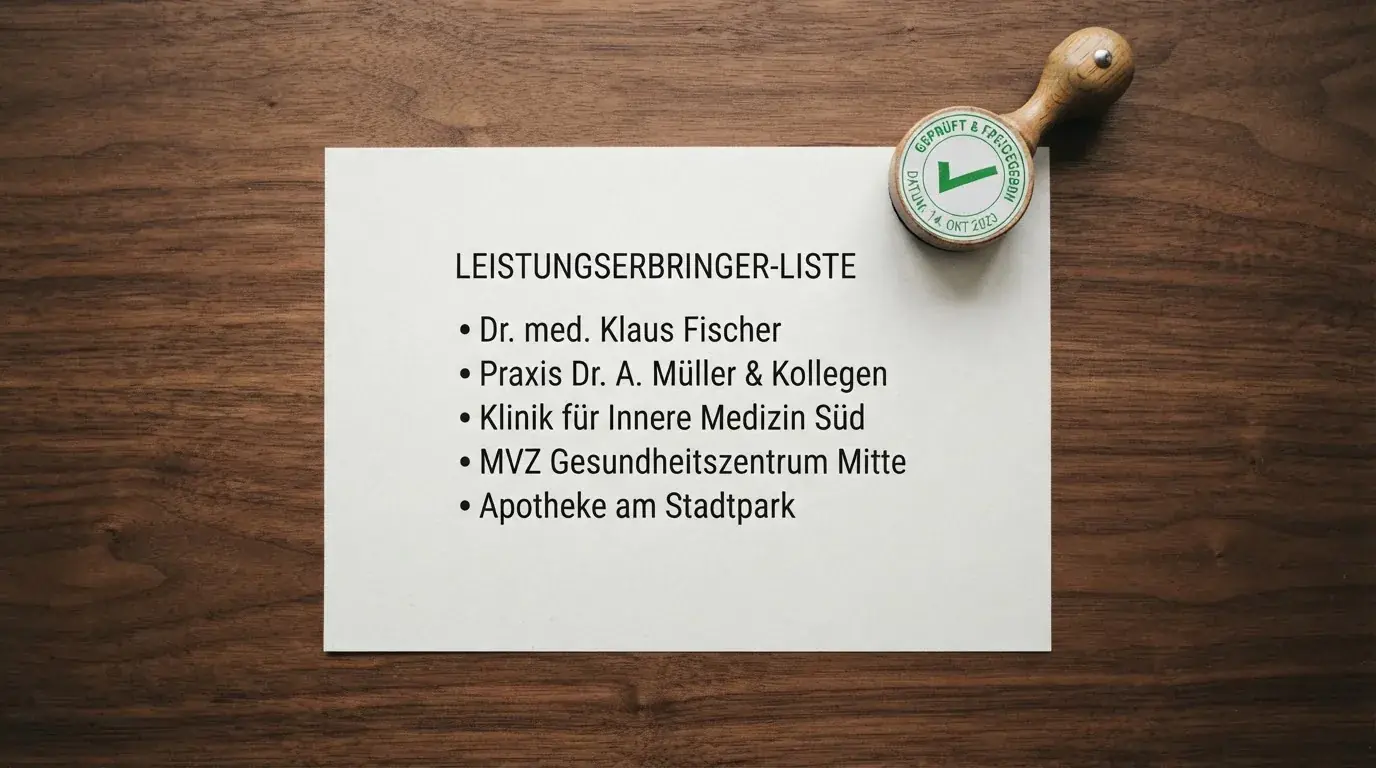 Nahaufnahme einer gedruckten Anbieterliste neben einem amtlichen Prüfsiegel.