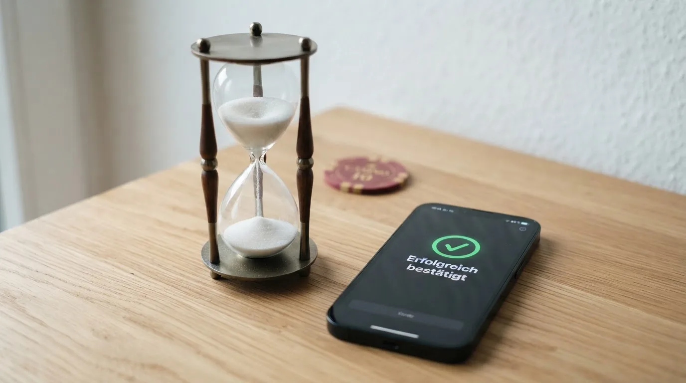 Nahaufnahme einer Sanduhr neben einem Smartphone-Bildschirm mit einer Zahlungsbestätigung.