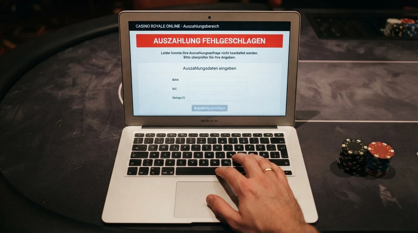 Nahaufnahme eines Bildschirms mit einer Fehlermeldung neben einem Auszahlungsformular.