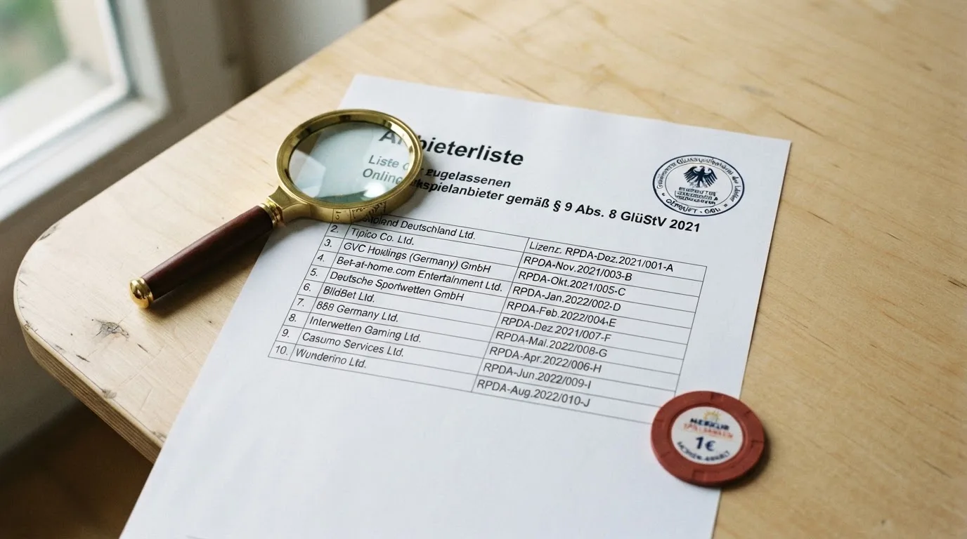 Nahaufnahme einer gedruckten Anbieterliste neben einem amtlichen Prüfsiegel.