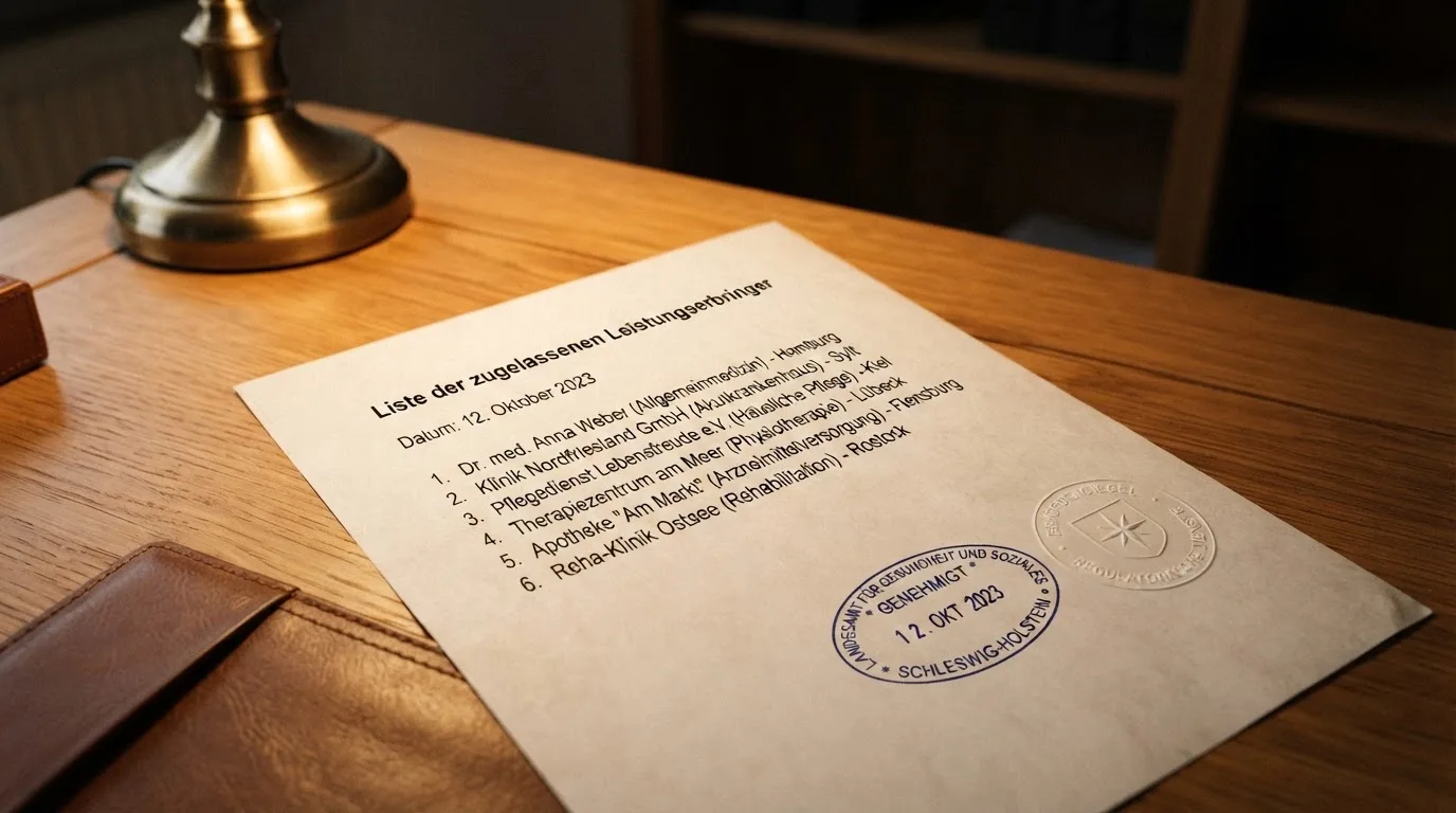 Nahaufnahme einer gedruckten Anbieterliste neben einem amtlichen Prüfsiegel.
