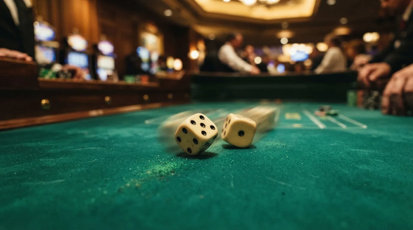 Nahaufnahme zweier rollender Würfel auf einem grünen Spieltisch.