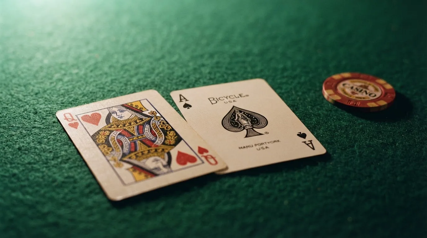 Nahaufnahme zweier aufgedeckter Spielkarten neben einem grünen Kartentisch.