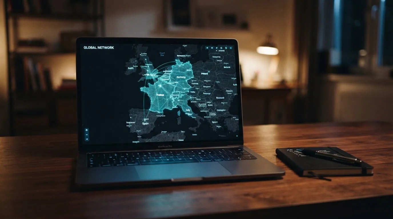 Weltkarte auf einem Bildschirm mit hervorgehobenen Ländergrenzen und verbundenen Linien.