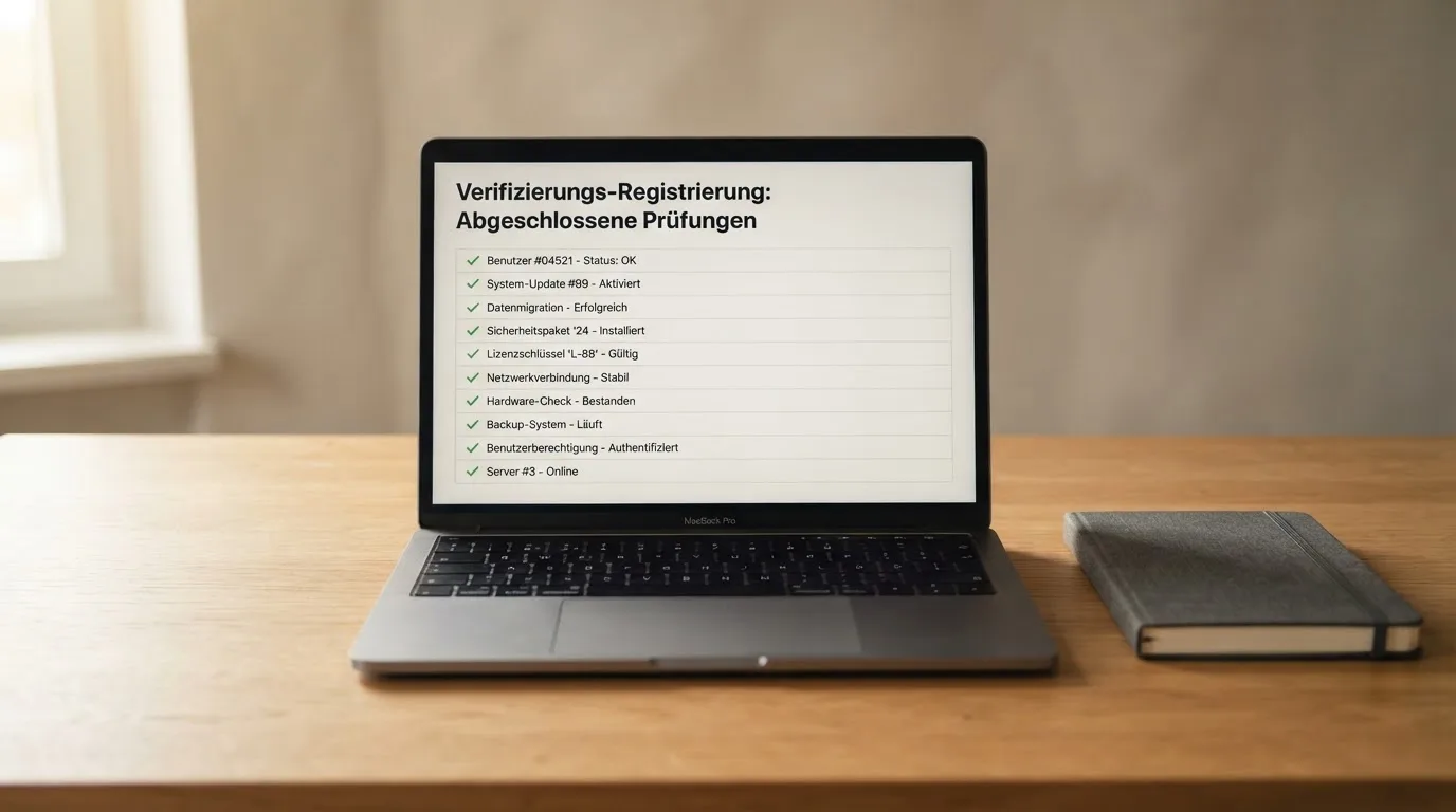 Nahaufnahme einer gedruckten Anbieterliste neben einem amtlichen Prüfsiegel.