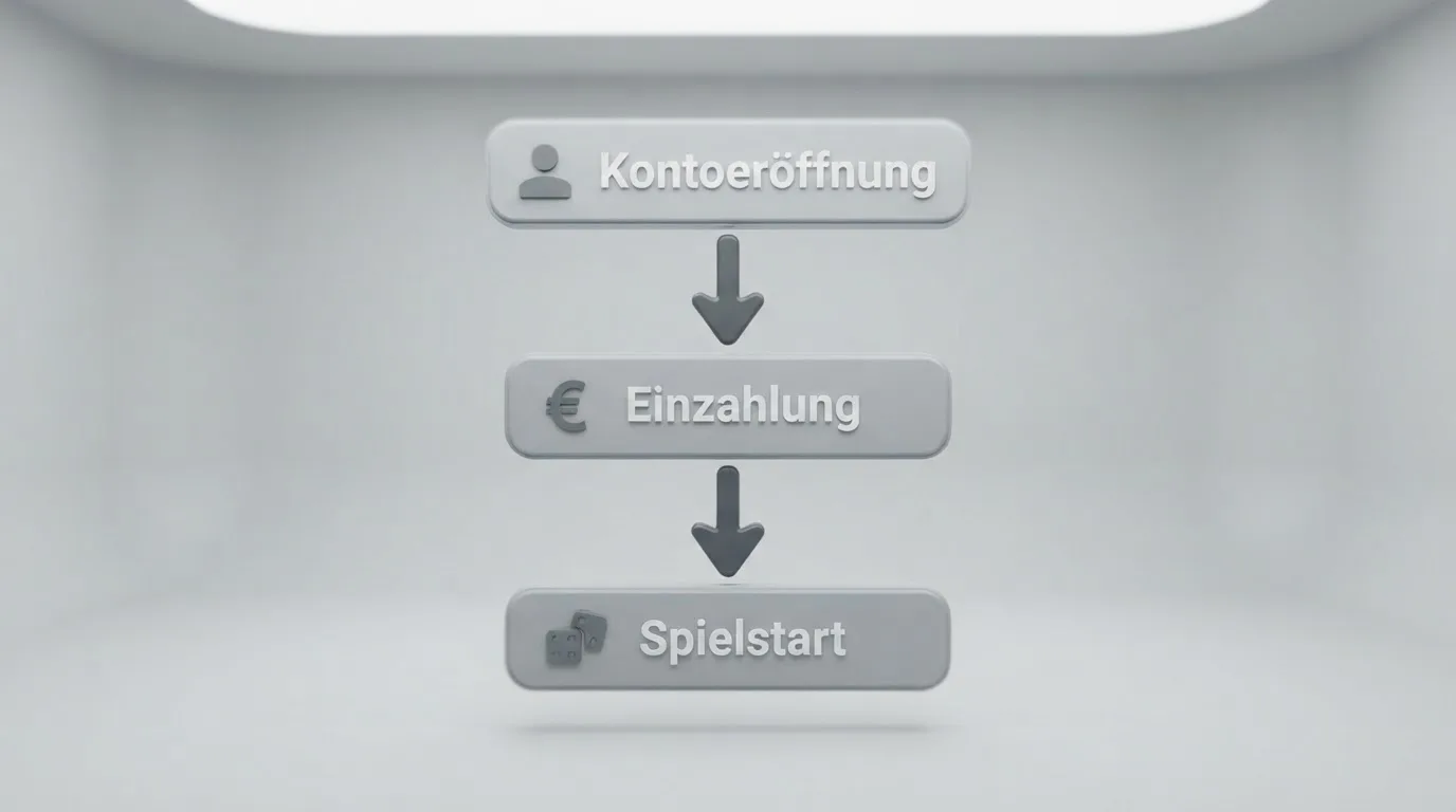 Schematische Illustration eines Ablaufdiagramms mit Pfeilen zwischen Kontoeröffnung, Einzahlung und Spielstart.