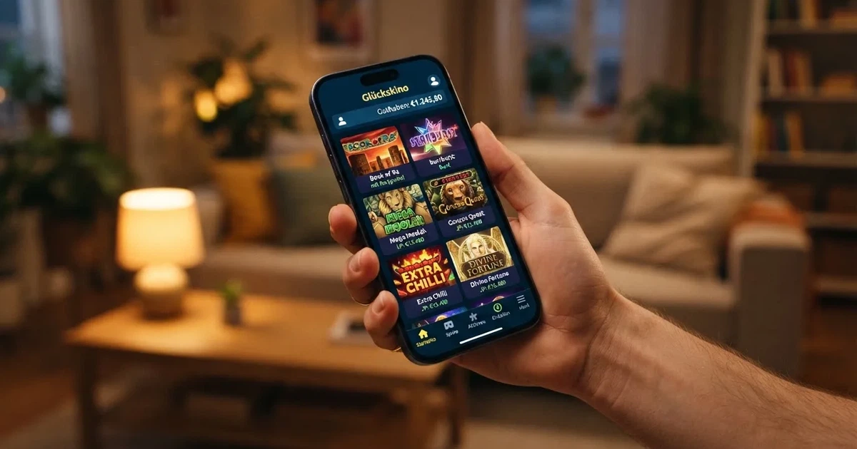 Nahaufnahme einer Hand, die ein Smartphone mit einer App-Startseite hält, im Hintergrund unscharf ein Wohnzimmer.