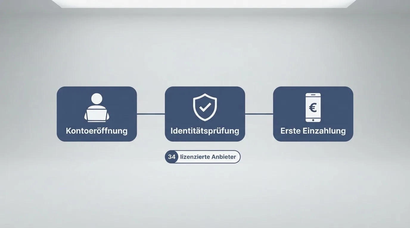 Schematische Darstellung eines Ablaufs von Kontoeröffnung über Identitätsprüfung bis zur ersten Einzahlung als einfaches Liniendiagramm.