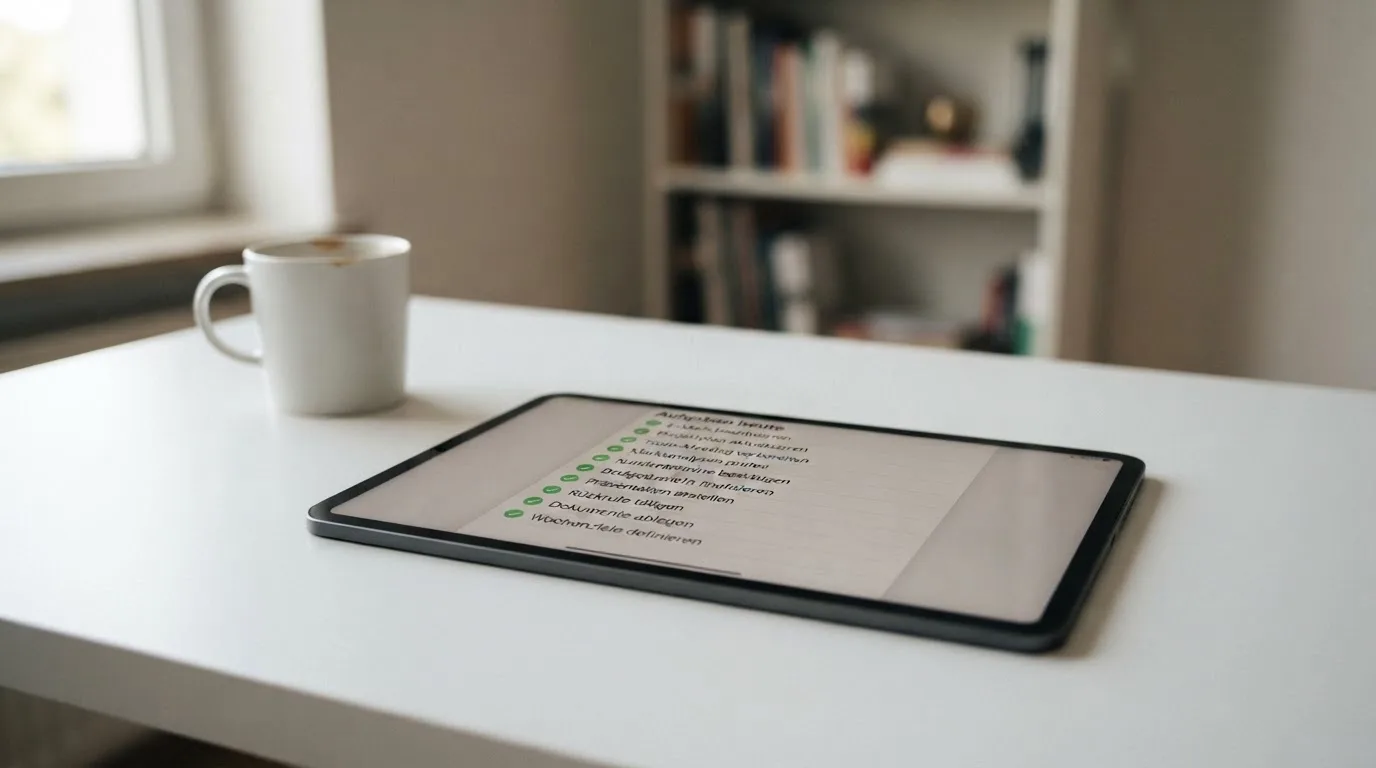 Tablet mit einer digitalen Liste und Häkchen-Symbolen auf einem Schreibtisch.