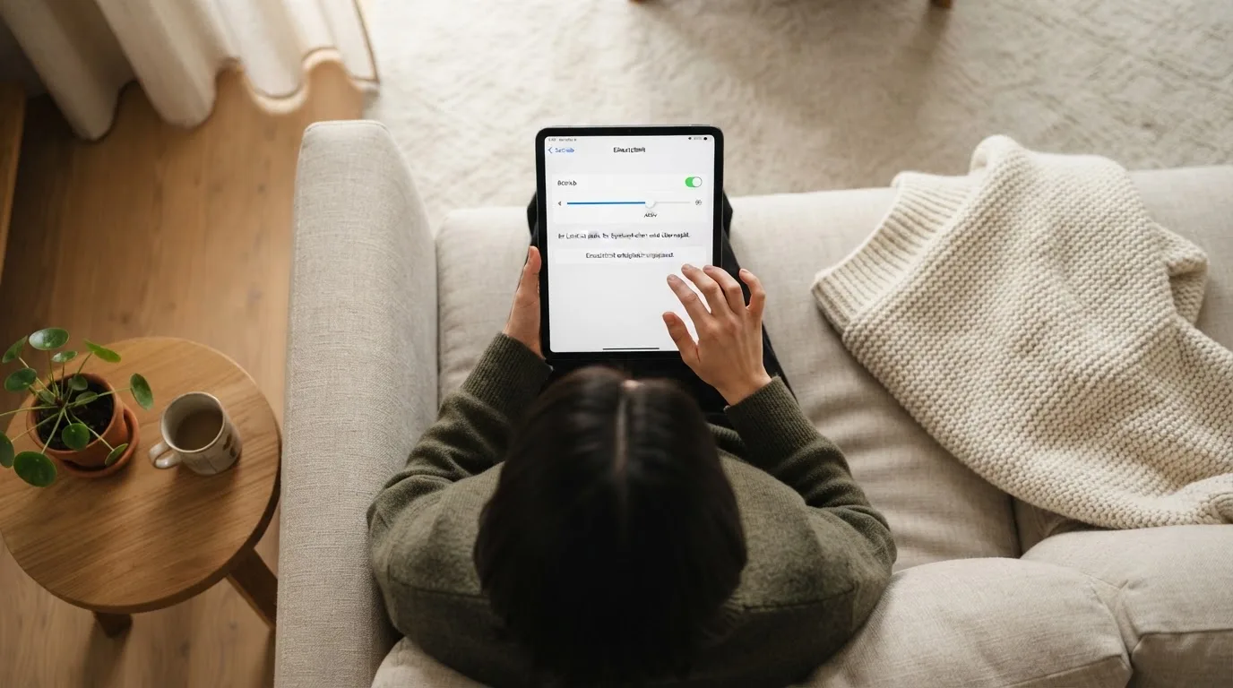 Person betrachtet nachdenklich eine App mit Einstellungsmenü auf einem Tablet in einem ruhigen Wohnzimmer.