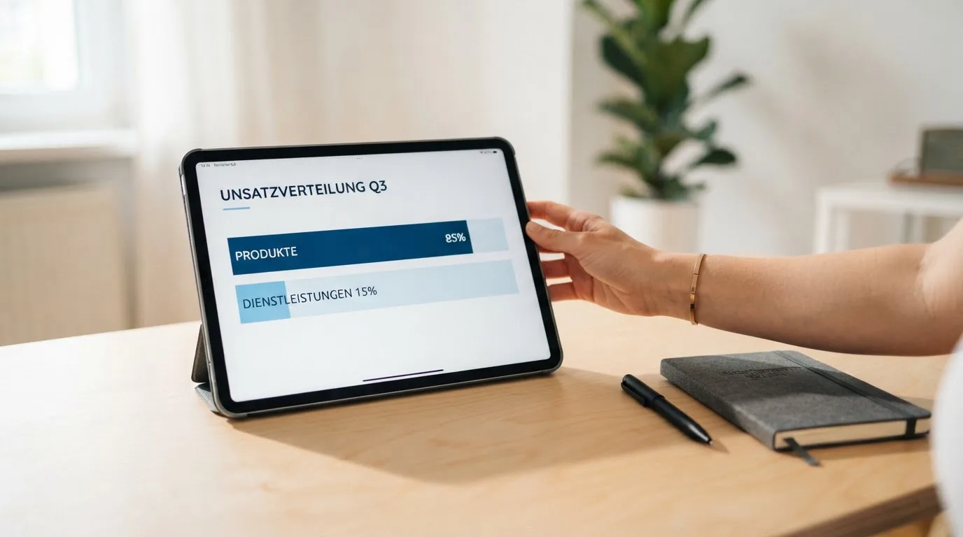 Person betrachtet ruhig ein Balkendiagramm auf einem Tablet in einem hellen Raum.