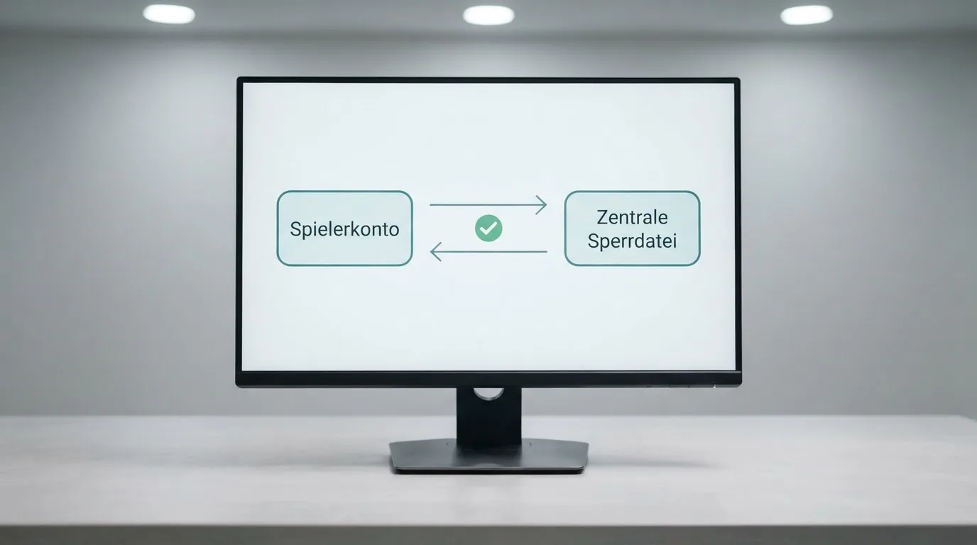 Schema eines Datenabgleichs zwischen einem Spielerkonto und einer zentralen Sperrdatei auf einem Monitor.