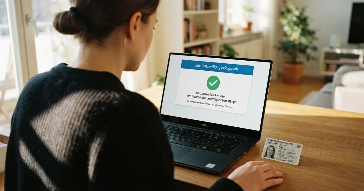 Person legitimiert sich per Online-Ausweisfunktion an einem Laptop mit Kartenlesegerät.