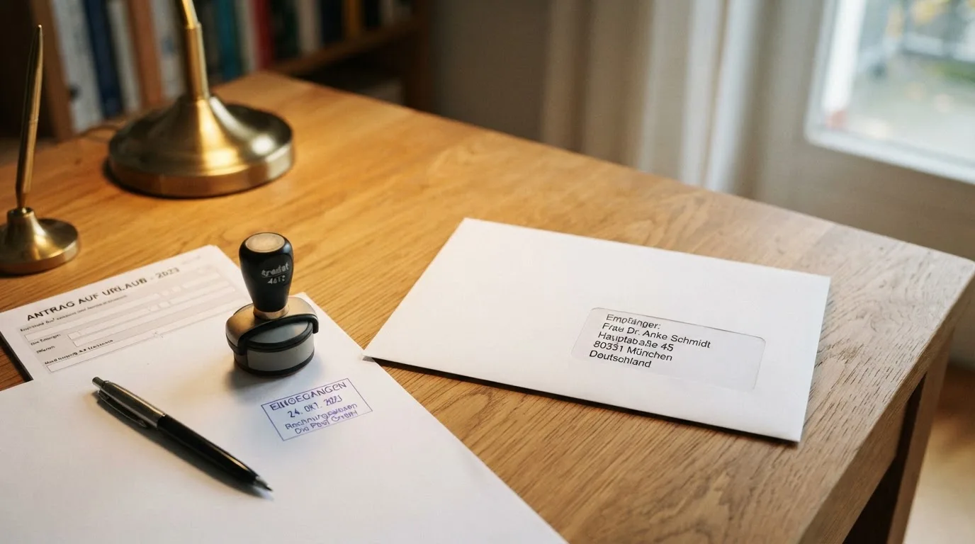 Briefumschlag mit Adressaufkleber auf einem Schreibtisch neben einem Aktenstempel.