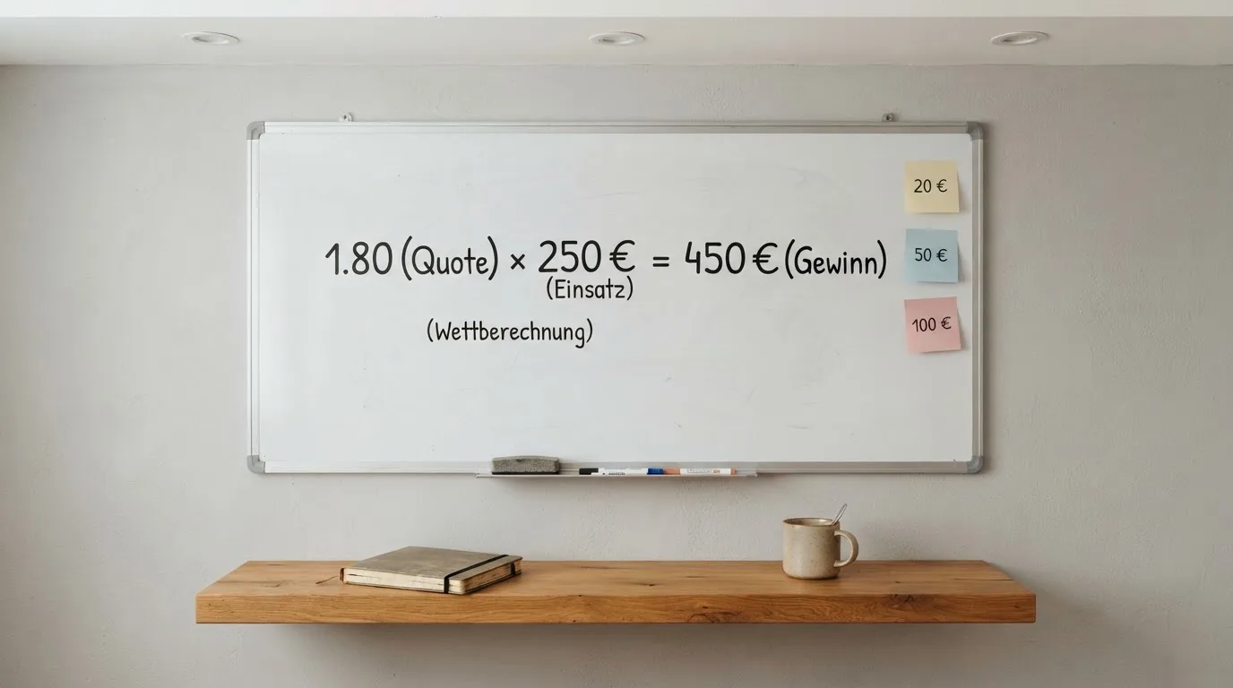 Rechenformel mit Prozentzahlen auf einem Whiteboard, umgeben von Notizzetteln.