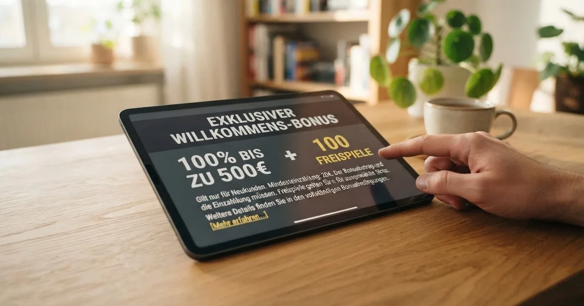 Aufgeschlagene Bonusbedingungen mit Prozentangaben auf einem Tablet-Bildschirm.
