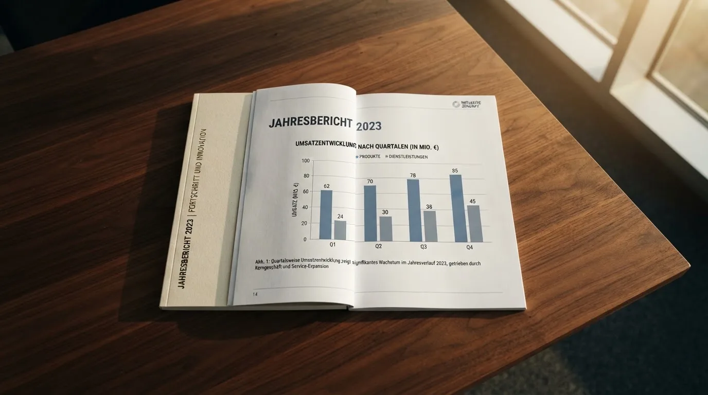 Amtlicher Bericht mit Diagrammen auf einem Konferenztisch.