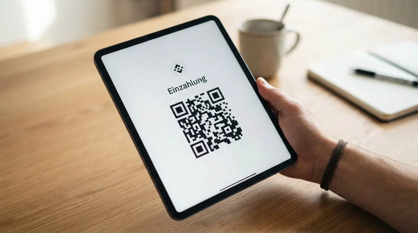 Nahaufnahme einer Hand, die auf einem Tablet einen QR-Code für eine Kryptowährungs-Einzahlung scannt.