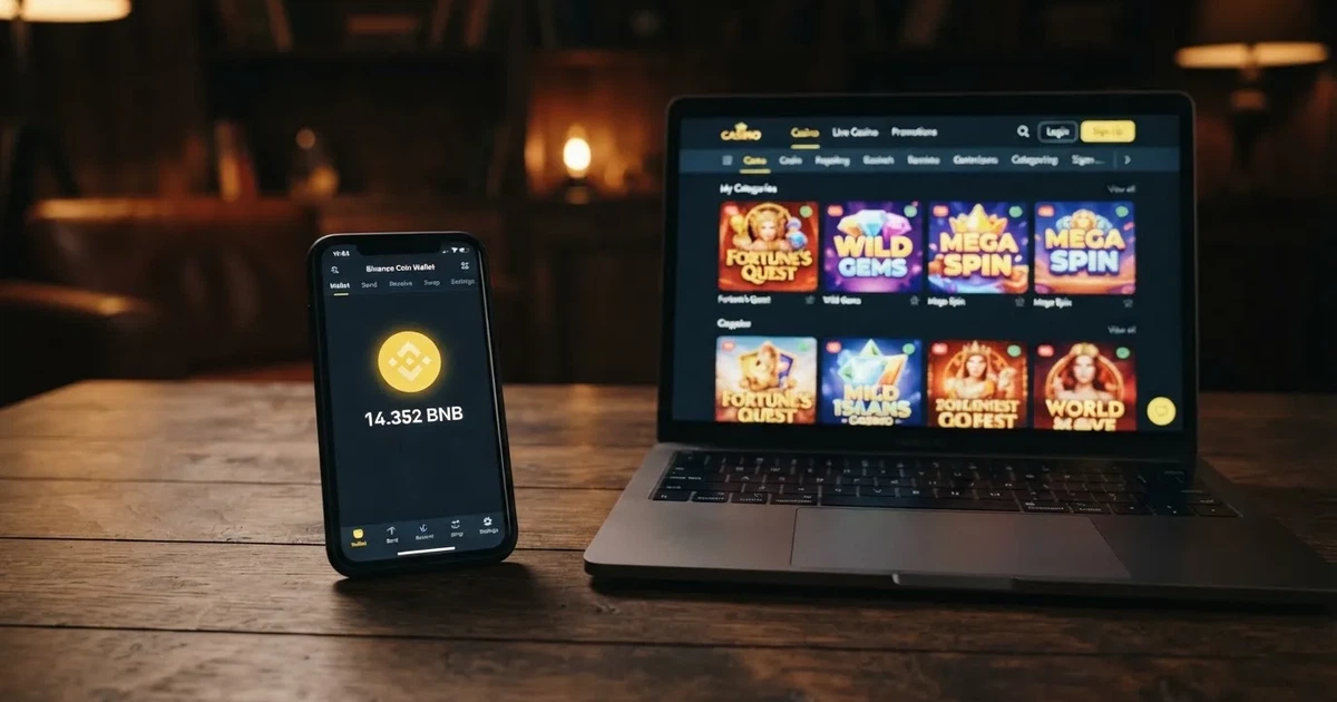Smartphone-Bildschirm zeigt eine Kryptowährungs-Wallet mit einem BNB-Guthaben neben einem Laptop mit einer Casino-Weboberfläche.