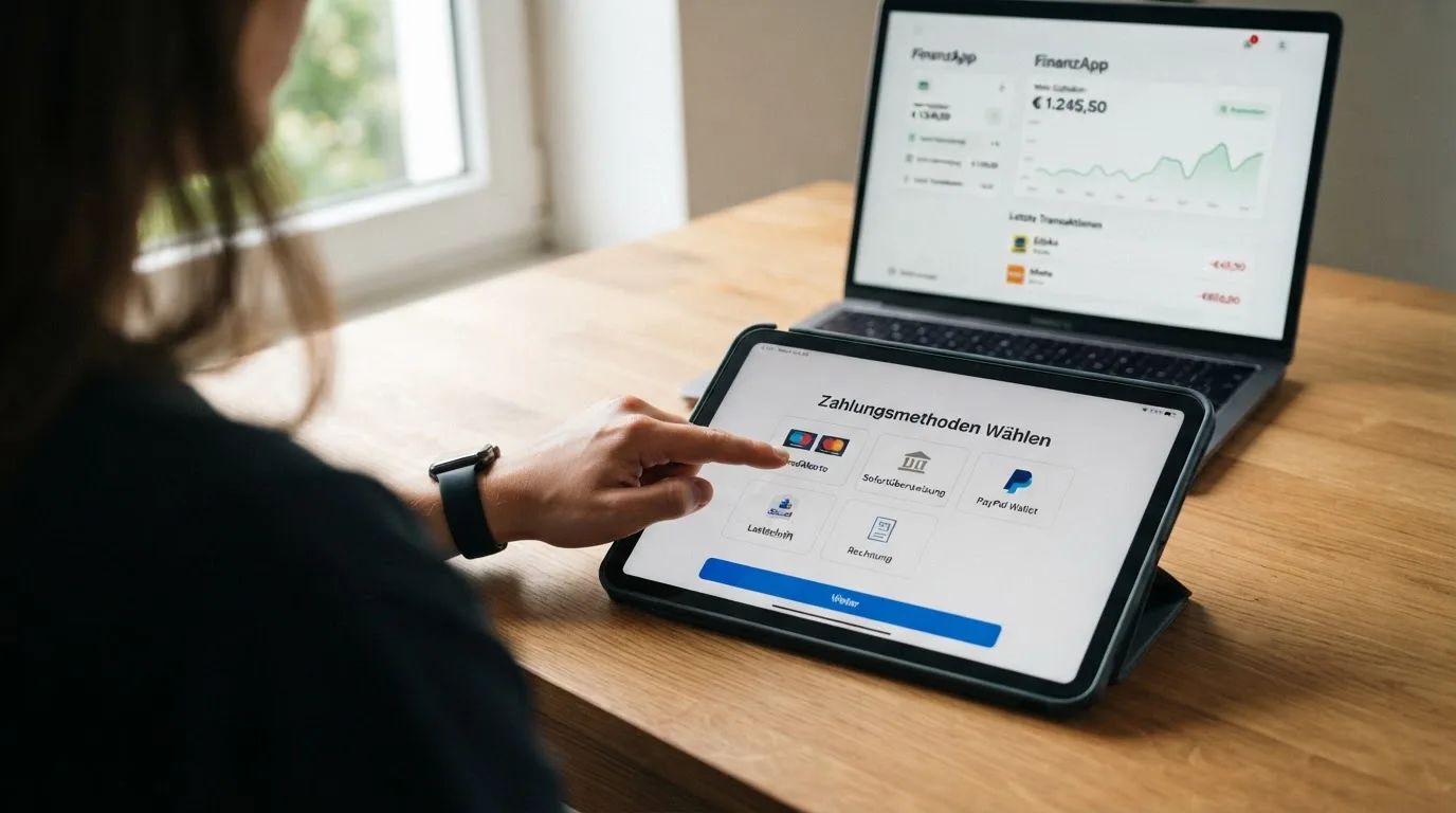 Person zeigt auf einem Tablet eine Liste von Zahlungsmethoden, während im Hintergrund ein Laptop mit einer Wallet-App steht.