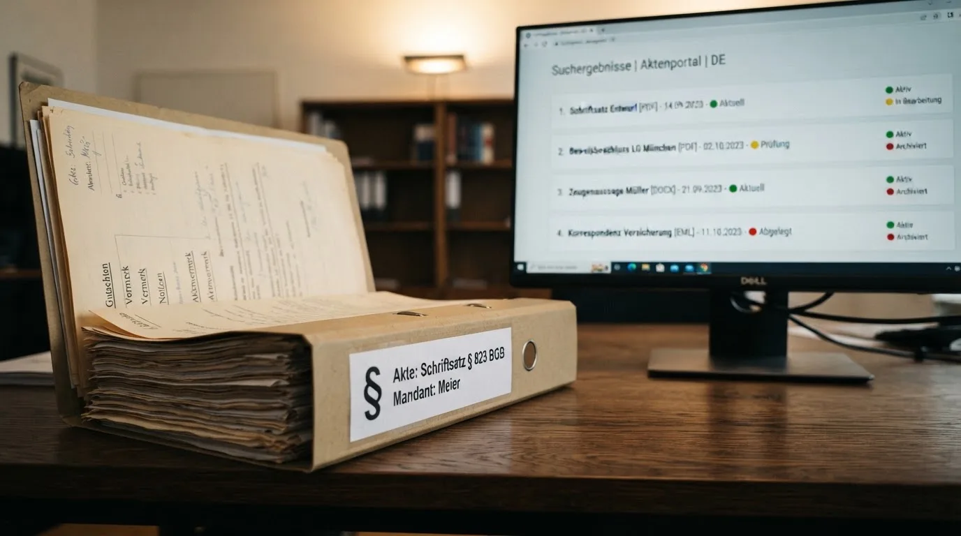 Nahaufnahme eines Aktenordners mit Paragraphenzeichen neben einem Computerbildschirm mit einer Behördenseite.