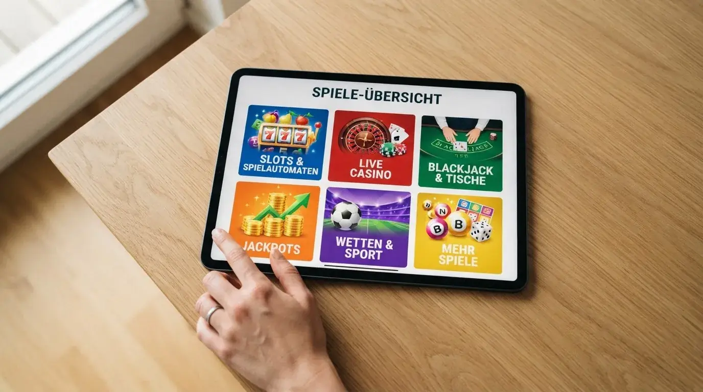 Person betrachtet auf einem Tablet eine Übersichtsseite mit mehreren Spielkategorien.